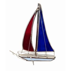 Vtg Stained Glass Sailboat Yacht Sculpture Red White Royal Blue Patriotic Ship